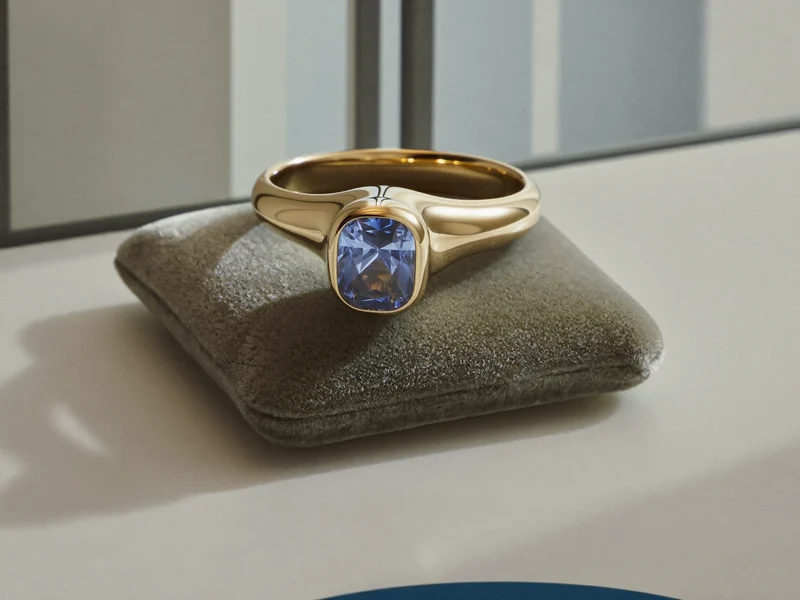 Goldring mit poliertem Edelstein auf kleinem Samtkissen
